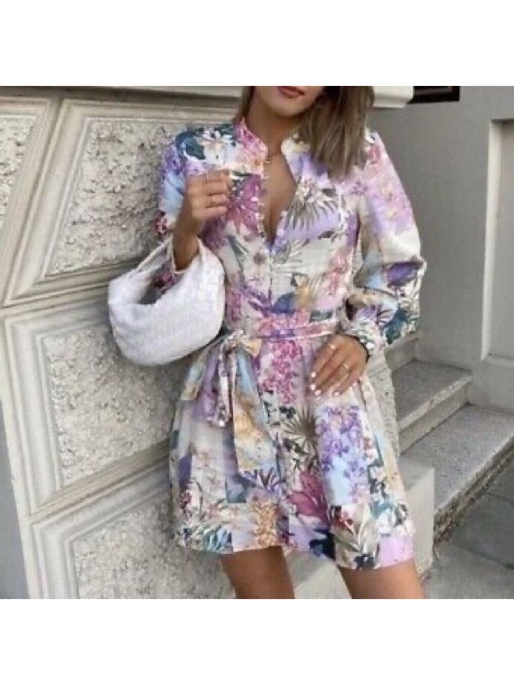Zara Linen Blend Floral Print Belted Button Front Long Sleeve Mini Dress - Picture 6 of 16